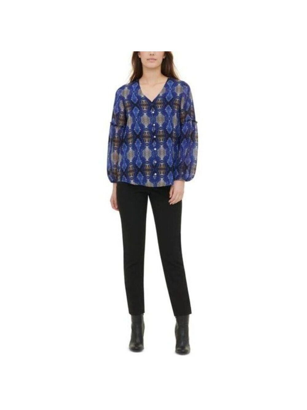 Calvin Klein Women's Blue Sheer Reptile Snake Print V-Neck Blouse Size Small